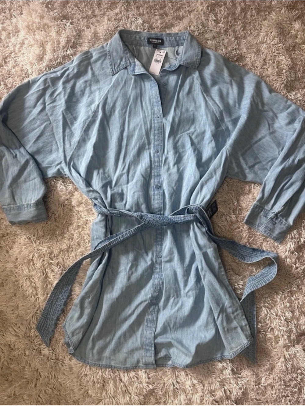Express Light Blue Denim Kids One-Piece Dress with Tie Waist
